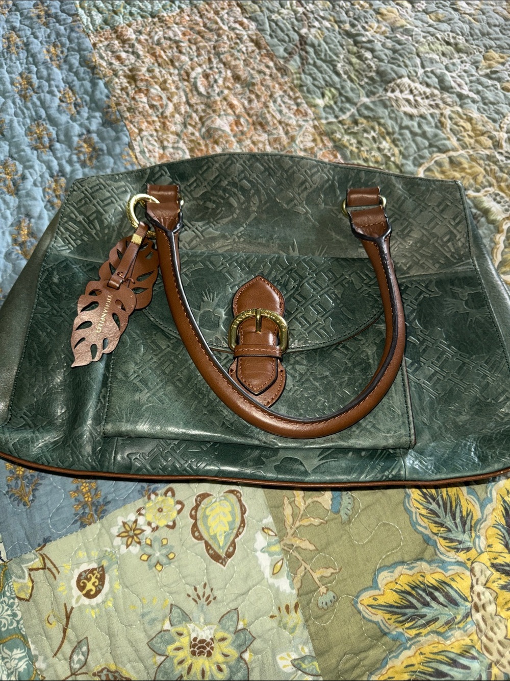 Tignanello Forest Green Leather Tote with Brown Trim
